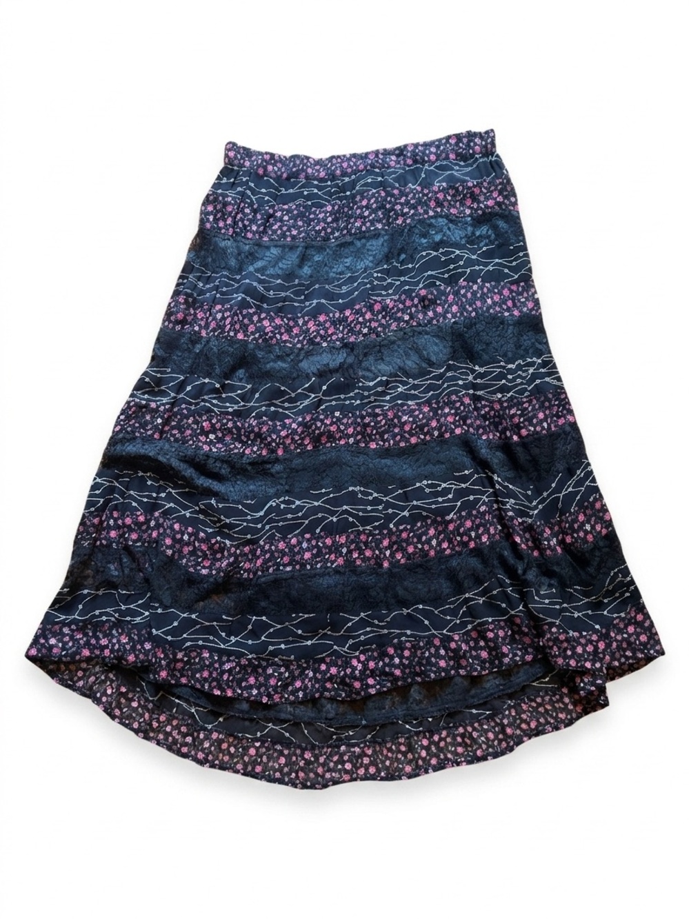 Vintage 90s Mixed Floral Lace Tiered Midi Skirt BlackPink Boho Grunge Whimsygoth